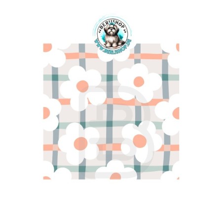 Große weiße Blumen auf kariertem Mint-Grau-Apricot-Hintergrund.