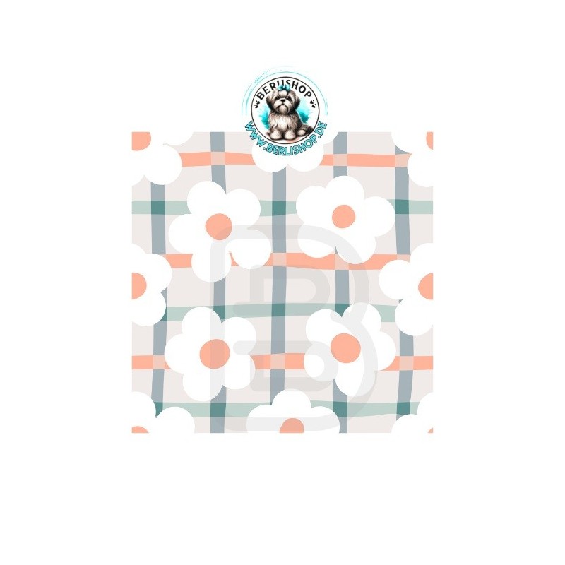 Große weiße Blumen auf kariertem Mint-Grau-Apricot-Hintergrund.