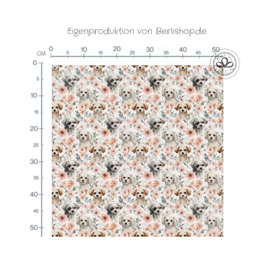 re-Order Hunde Welpen Blumen Beige Apricot – Stoffdesign von Berlishop mit Stoffauswahl – Hunde Kinderstoff