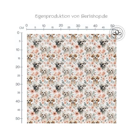 Designer Stoff Vorbestellung Welpen mit Blumen Pastell – Hunde Stoff Meterware Eigenproduktion