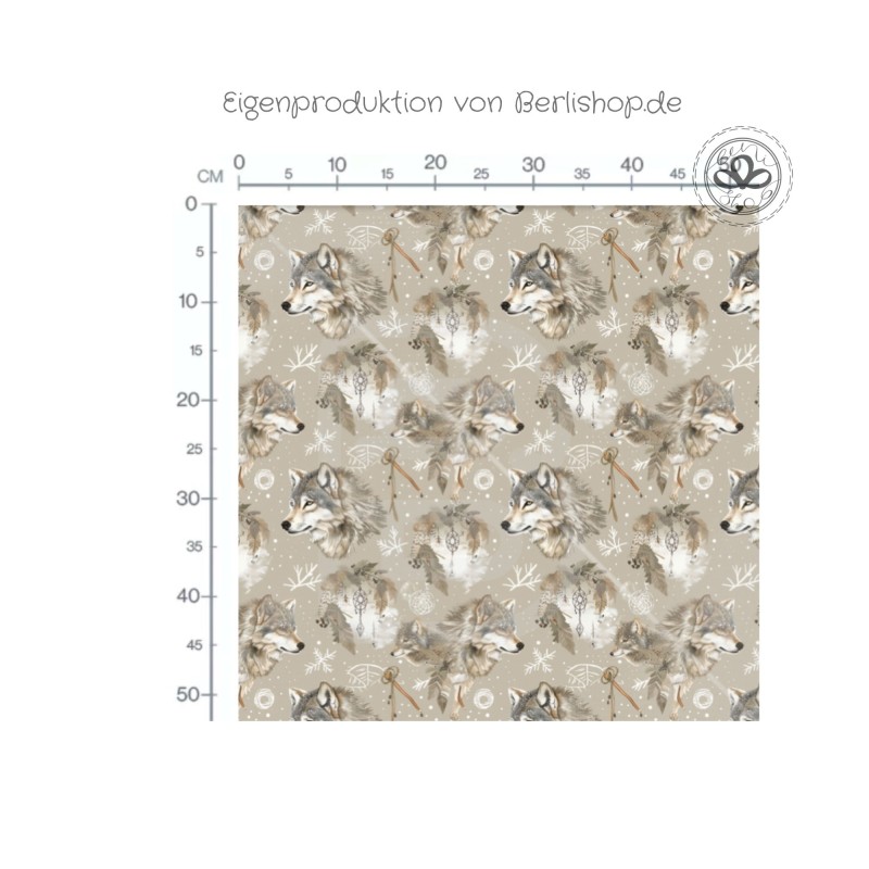 Baumwolle Canvas Stoff Wolf Boho Winter Beige  Weiß 153 g/m² Meterware 160 cm Eigenproduktion Kinderstoff