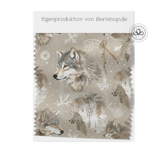 Baumwolle Canvas Stoff Wolf Boho Winter Beige  Weiß 153 g/m² Meterware 160 cm Eigenproduktion Kinderstoff