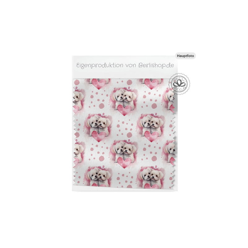 Baumwolle Canvas Stoff Malteser Hund Rosa Herzen – 153 g/m² – Meterware 160 cm- Eigenproduktion