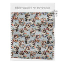Baumwolle Canvas Stoffsüßer Katzenstoff mit Blumen Grau 153 g/m² Meterware 160 cm Eigenproduktion Kinderstoff