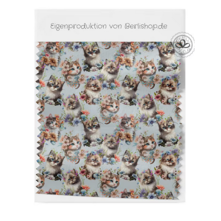 Baumwolle Canvas Stoffsüßer Katzenstoff mit Blumen Grau 153 g/m² Meterware 160 cm Eigenproduktion Kinderstoff