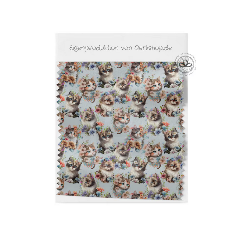 Baumwolle Canvas Stoffsüßer Katzenstoff mit Blumen Grau 153 g/m² Meterware 160 cm Eigenproduktion Kinderstoff