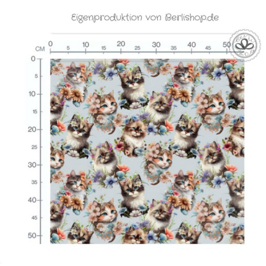 Baumwolle Canvas Stoffsüßer Katzenstoff mit Blumen Grau 153 g/m² Meterware 160 cm Eigenproduktion Kinderstoff