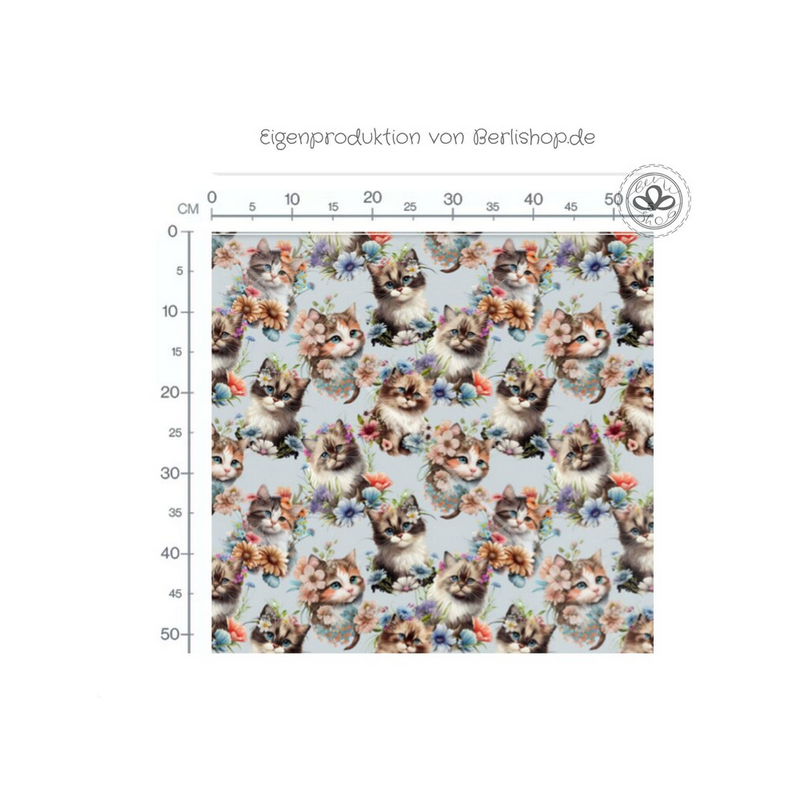 Baumwolle Canvas Stoffsüßer Katzenstoff mit Blumen Grau 153 g/m² Meterware 160 cm Eigenproduktion Kinderstoff