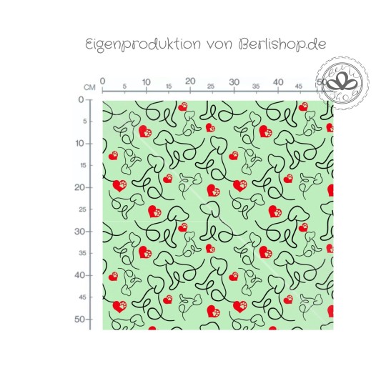 1m Coupon  Baumwolle Canvas Hund Herz Pfote Mint Stoff 153 g/m² Meterware 160 cm Eigenproduktion Kinderstoff
