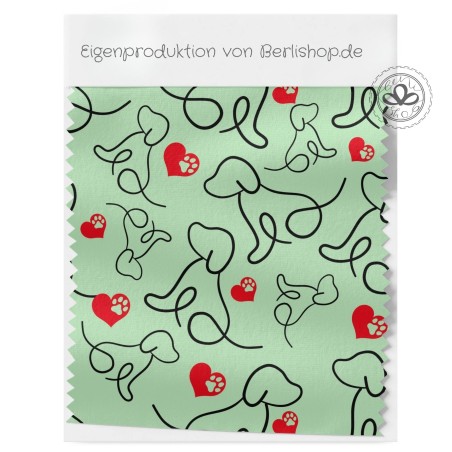 1m Coupon  Baumwolle Canvas Hund Herz Pfote Mint Stoff 153 g/m² Meterware 160 cm Eigenproduktion Kinderstoff