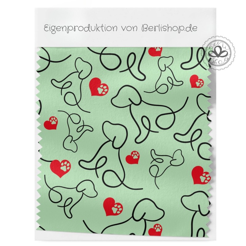 1m Coupon  Baumwolle Canvas Hund Herz Pfote Mint Stoff 153 g/m² Meterware 160 cm Eigenproduktion Kinderstoff