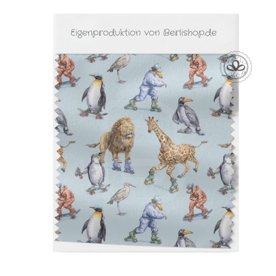 Pre-Order Tiere auf Rollschuhen Hellblau – Stoffdesign von Berlishop mit Stoffauswahl – Tier Kinderstoff