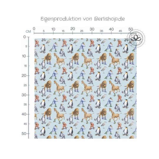 Tier Stoff – lustige Tiere auf Rollschuhen – Löwe, Giraffe & Pinguin
