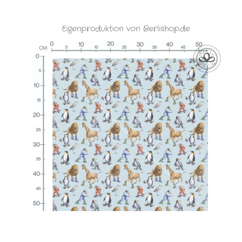 Tier Stoff – lustige Tiere auf Rollschuhen – Löwe, Giraffe & Pinguin