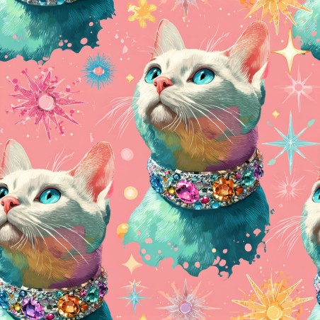 1m Coupon Baumwolle Canvas Katze Pink Türkis Glitzer Stoff 153 g/m² Meterware 160 cm Eigenproduktion