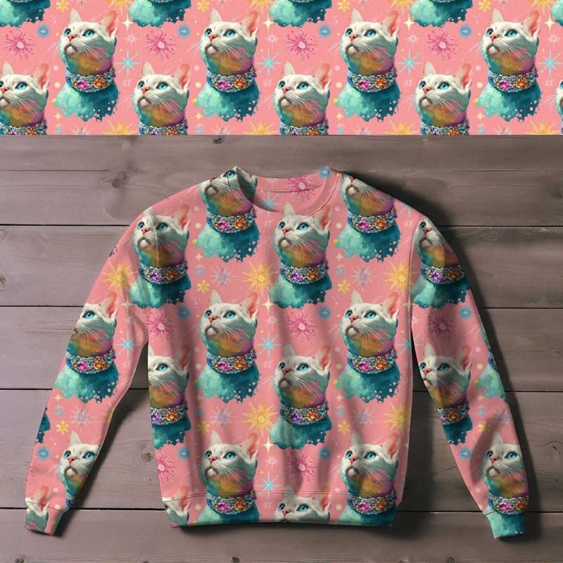 1m Coupon Baumwolle Canvas Katze Pink Türkis Glitzer Stoff 153 g/m² Meterware 160 cm Eigenproduktion