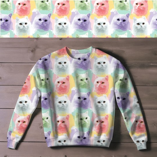 1m Coupon Baumwolle Canvas Katze Regenbogen Pink Mint Stoff 153 g/m² Meterware 160 cm Eigenproduktion