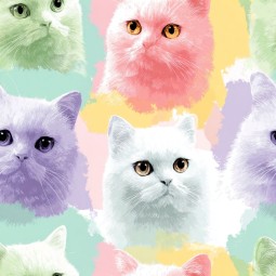1m Coupon Baumwolle Canvas Katze Regenbogen Pink Mint Stoff 153 g/m² Meterware 160 cm Eigenproduktion