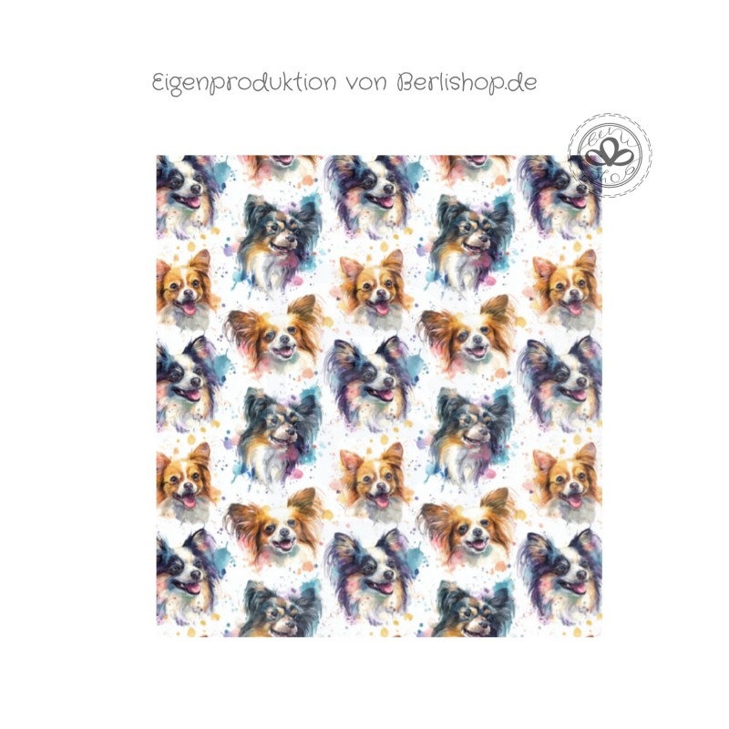 1m Coupon  Baumwolle Canvas Hunde Papillon Aquarell Bunt  Stoff 153 g/m² Meterware 160 cm Eigenproduktion Kinderstoff