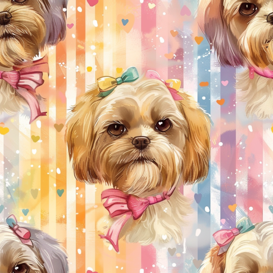 1m Coupon  Baumwolle Canvas Shih Tzu Hund Rosa Schleife Herzen Stoff 153 g/m² Meterware 160 cm Eigenproduktion Kinderstoff