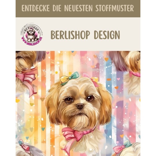 1m Coupon  Baumwolle Canvas Shih Tzu Hund Rosa Schleife Herzen Stoff 153 g/m² Meterware 160 cm Eigenproduktion Kinderstoff