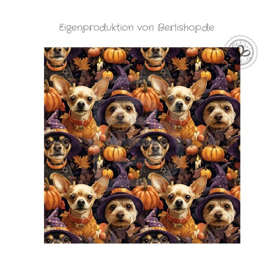1m Coupon  Baumwolle Canvas Chihuahua Hunde Halloween Kürbis 153 g/m² Meterware 160 cm Eigenproduktion Kinder