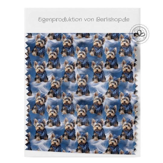 1m Coupon  Baumwolle Canvas Yorkshire Terrier Winter Schnee Blau  153 g/m² Meterware 160 cm Eigenproduktion Kinder
