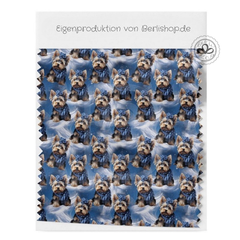 1m Coupon  Baumwolle Canvas Yorkshire Terrier Winter Schnee Blau  153 g/m² Meterware 160 cm Eigenproduktion Kinder