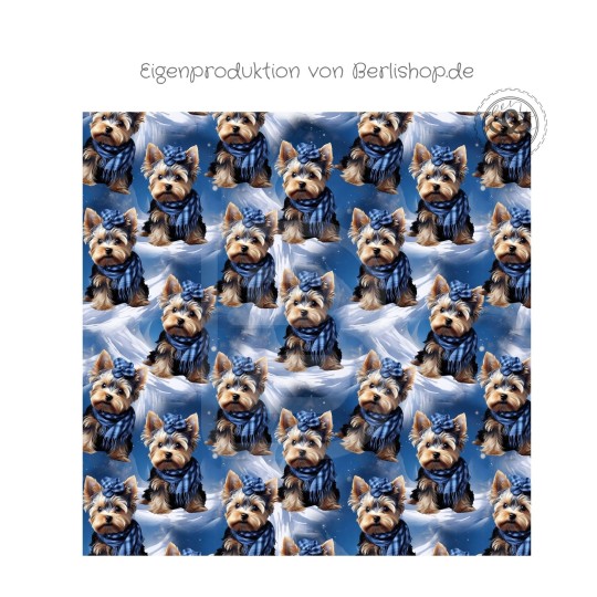 1m Coupon  Baumwolle Canvas Yorkshire Terrier Winter Schnee Blau  153 g/m² Meterware 160 cm Eigenproduktion Kinder
