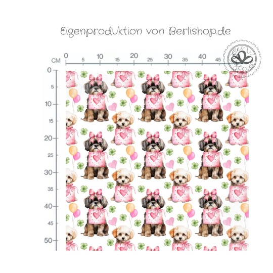 1m Coupon  Baumwolle Canvas Shih Tzu Hund Herz Schleife Glücksklee 153 g/m² Meterware 160 cm Eigenproduktion Kinder