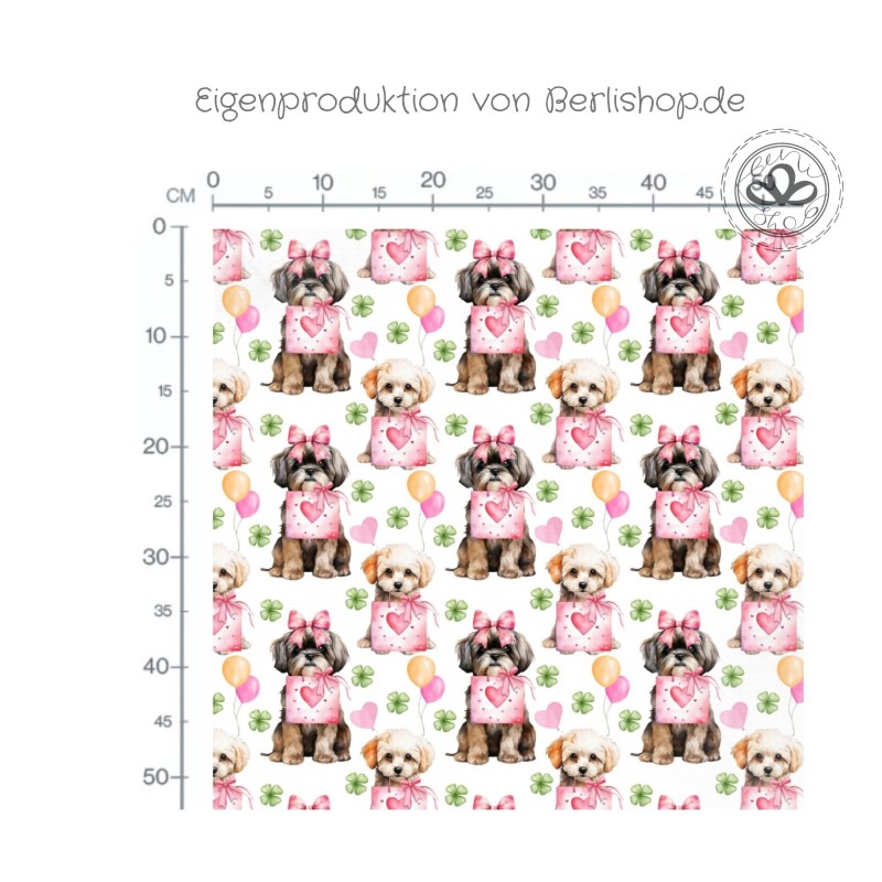 1m Coupon  Baumwolle Canvas Shih Tzu Hund Herz Schleife Glücksklee 153 g/m² Meterware 160 cm Eigenproduktion Kinder