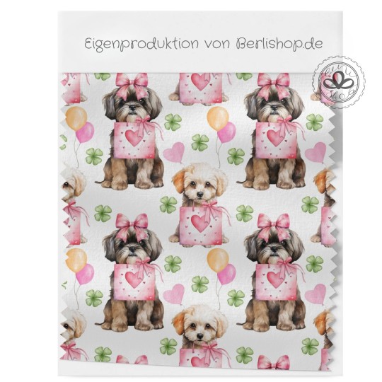 1m Coupon  Baumwolle Canvas Shih Tzu Hund Herz Schleife Glücksklee 153 g/m² Meterware 160 cm Eigenproduktion Kinder