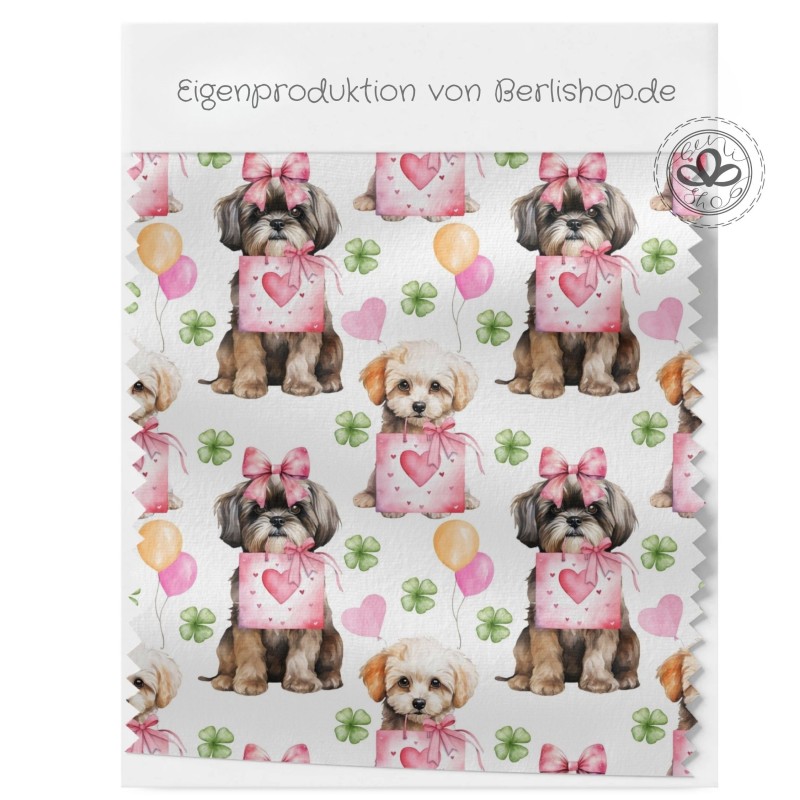 1m Coupon  Baumwolle Canvas Shih Tzu Hund Herz Schleife Glücksklee Weiß Rosa 153 g/m² Meterware 160 cm Eigenproduktion Kinder
