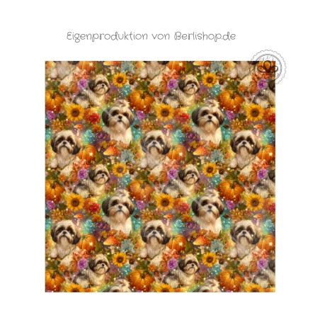 1m Coupon  Baumwolle Canvas Shih Tzu Herbst Kürbis Sonnenblumen 153 g/m² Meterware 160 cm Eigenproduktion Kinder