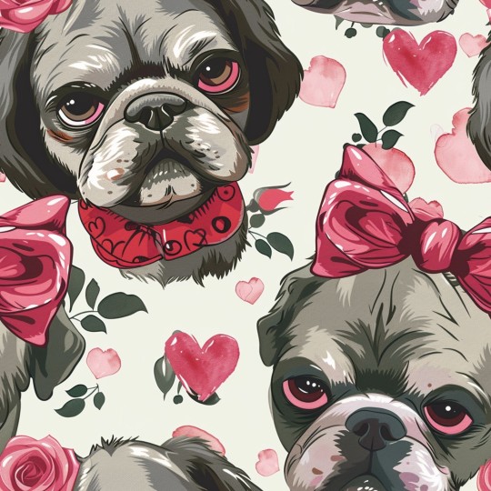 1m Coupon  Baumwolle Canvas Mops Hund Herzen Schleife Rosen 153 g/m² Meterware 160 cm Eigenproduktion Kinder