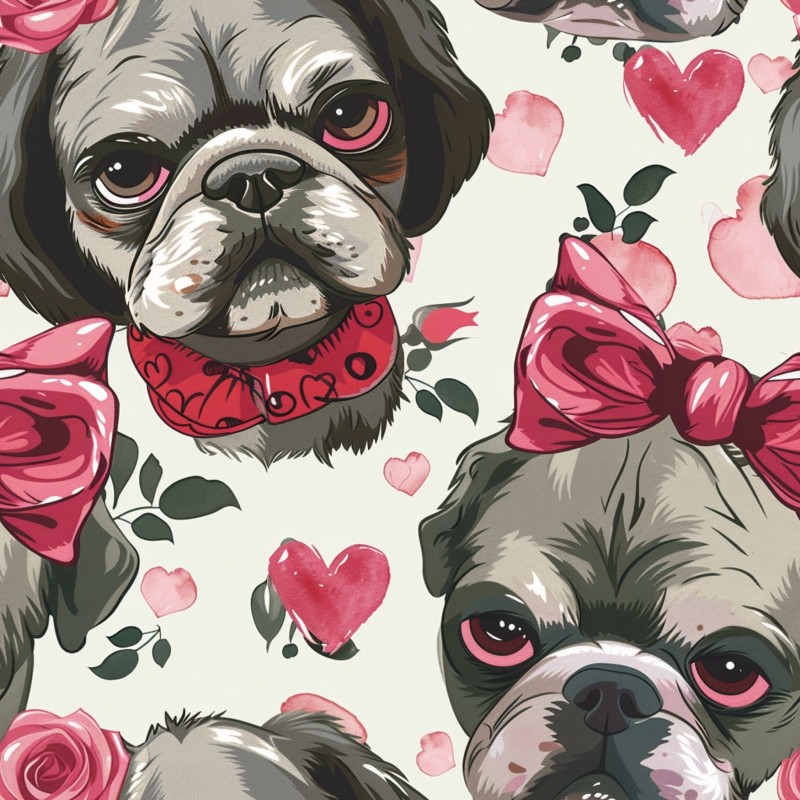 1m Coupon  Baumwolle Canvas Mops Hund Herzen Schleife Rosen 153 g/m² Meterware 160 cm Eigenproduktion Kinder