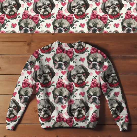 1m Coupon  Baumwolle Canvas Mops Hund Herzen Schleife Rosen 153 g/m² Meterware 160 cm Eigenproduktion Kinder