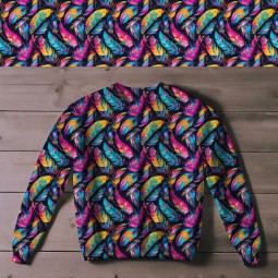 1m Coupon  Baumwolle Canvas Federn Neon Schwarz Pink Türkis 153 g/m² Meterware 160 cm Eigenproduktion Kinder