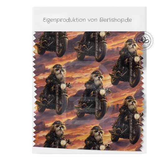 Designer Stoff Vorbestellung Biker Hund Motorrad Sunset – Hunde Stoff Meterware Eigenproduktion