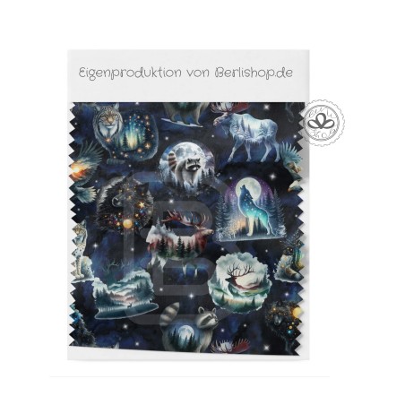 1m Coupon  Baumwolle Canvas Waldtiere Wolf Nacht Mond Sterne 153 g/m² Meterware 160 cm Eigenproduktion Kinder