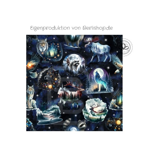 1m Coupon  Baumwolle Canvas Waldtiere Wolf Nacht Mond Sterne 153 g/m² Meterware 160 cm Eigenproduktion Kinder