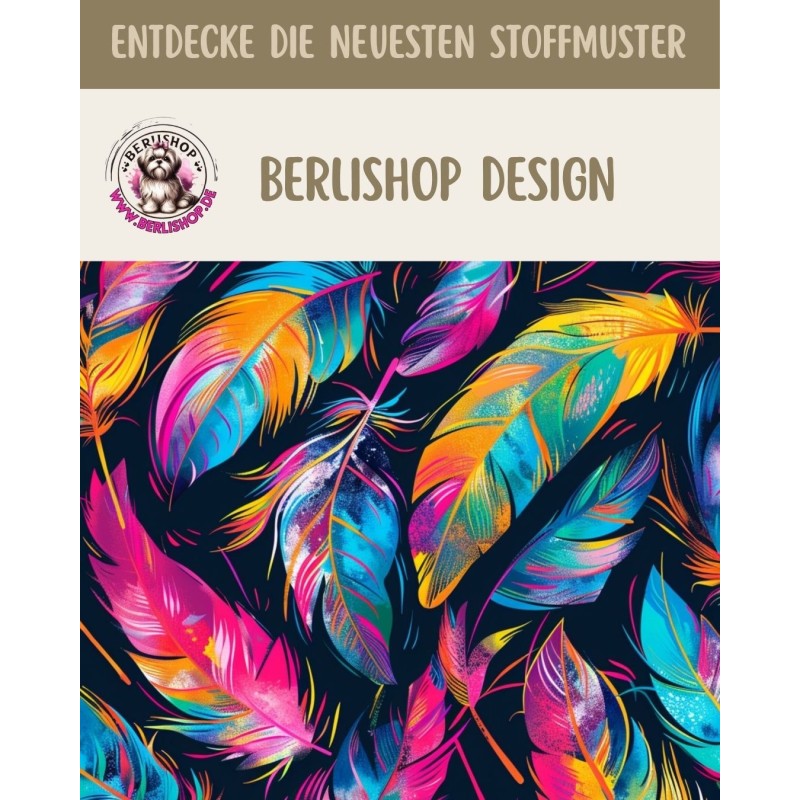 1m Coupon  Baumwolle Canvas Federn Neon Schwarz Pink Türkis 153 g/m² Meterware 160 cm Eigenproduktion Kinder
