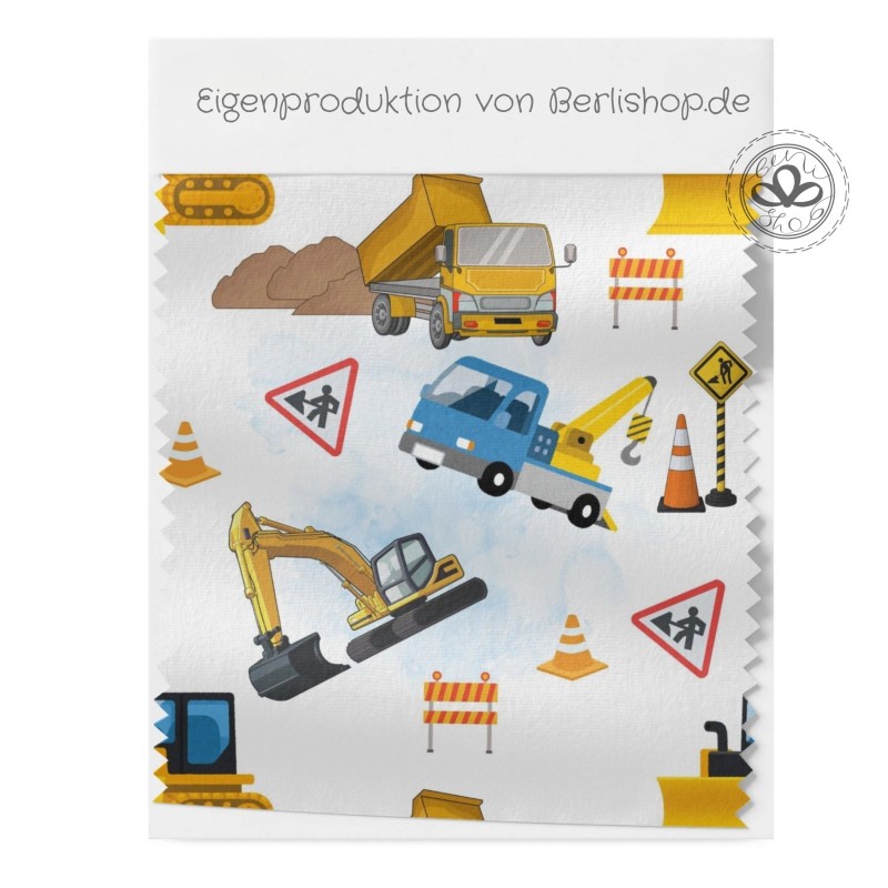 1m Coupon  Baumwolle Canvas Baustelle Bagger LKW Stoff Blau Weiss Splash 153 g/m² Meterware 160 cm Eigenproduktion Kinder