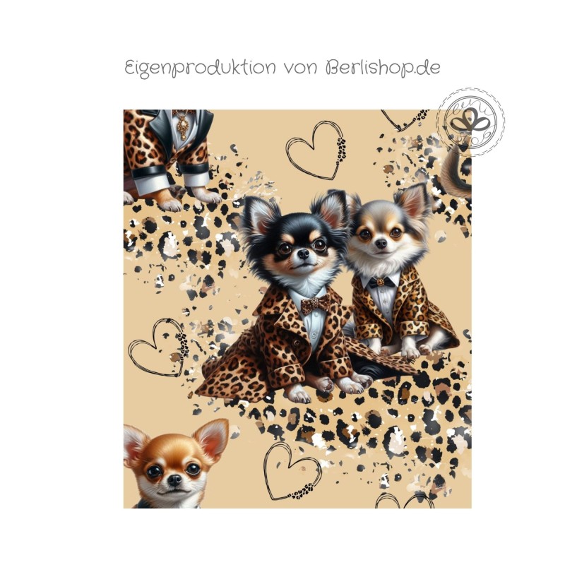 Baumwolle Canvas Hunde Stoff –Chihuahua Rüde Leomantel Herzen Beige Braun  – 153 g/m² –  160  cm Meterware