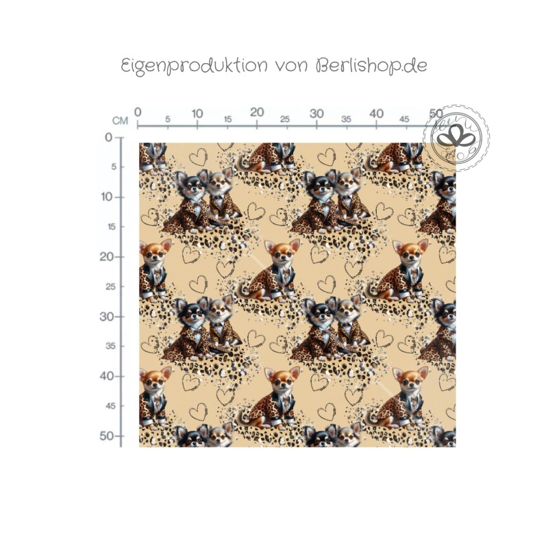 50 cm Baumwolle Canvas Hunde Stoff –Chihuahua Rüde Leomantel  Herzen Beige Braun  – 153 g/m² –  160  cm Meterware