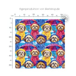 Hunde im Regen Stoff – Süße Hunde im Regenmantel mit Schirm – Farbenfrohes Design