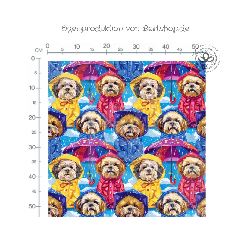 Hunde im Regen Stoff – Süße Hunde im Regenmantel mit Schirm – Farbenfrohes Design