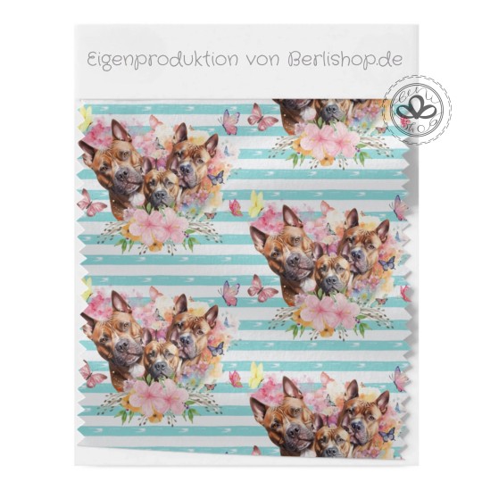 1m Coupon  Baumwolle Canvas Boxer Hunde Blumen Streifen Türkis  153 g/m² Meterware 160 cm Eigenproduktion Kinder