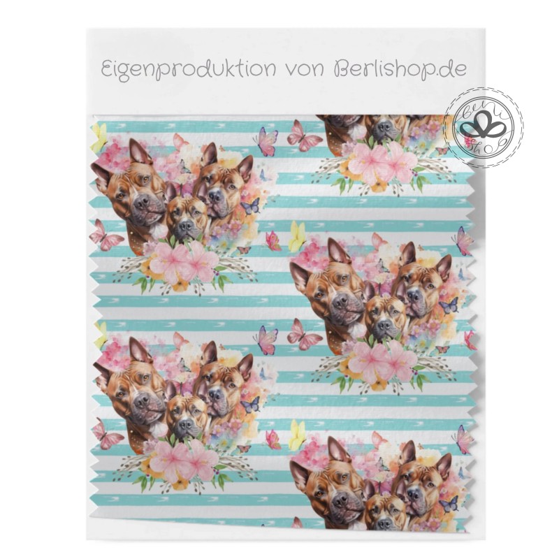 1m Coupon  Baumwolle Canvas Boxer Hunde Blumen Streifen Türkis  153 g/m² Meterware 160 cm Eigenproduktion Kinder