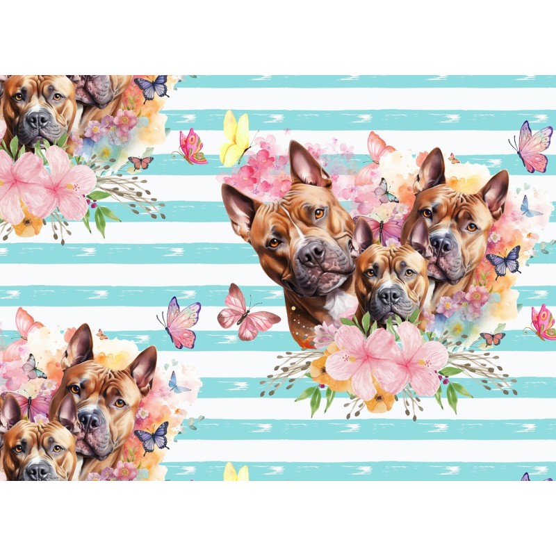 1m Coupon  Baumwolle Canvas Pittbull Braun Hunde Blumen Streifen Türkis  153 g/m² Meterware 160 cm Eigenproduktion Kinder